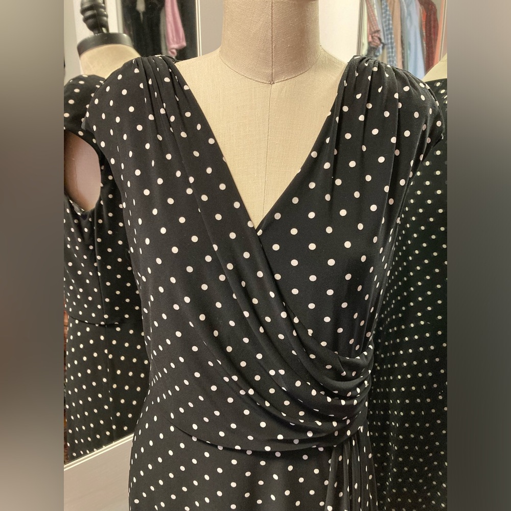 Ralph Lauren Black and White Faux Wrap Polka Dot A-Line Dress - Size 10 - Picture 2 of 11